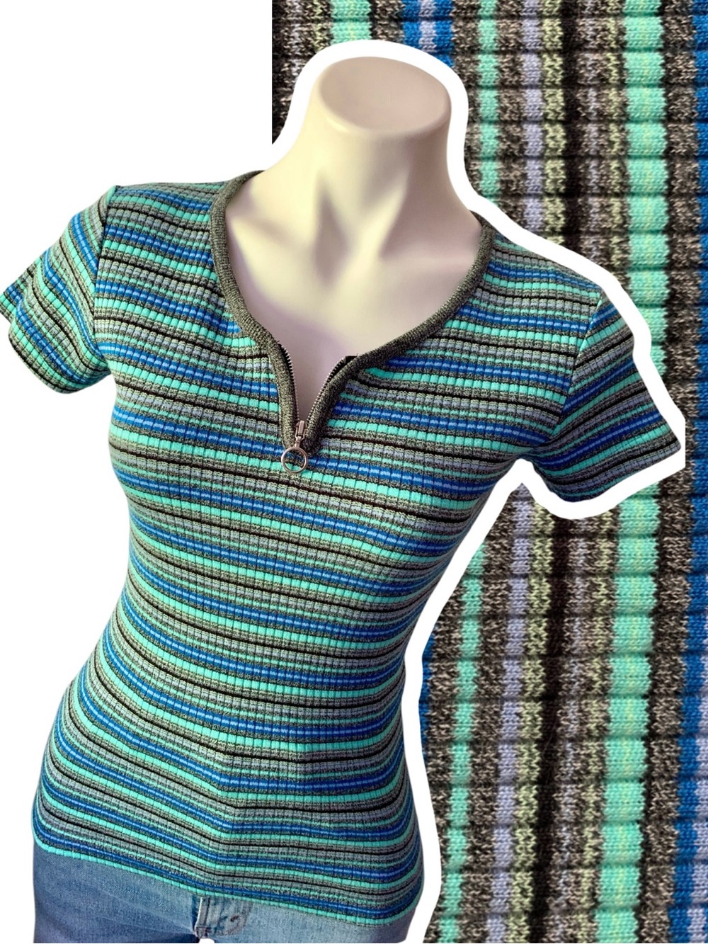u s a :: Vintage Y2K Striped Ribbed Zip Front Baby Tee Top